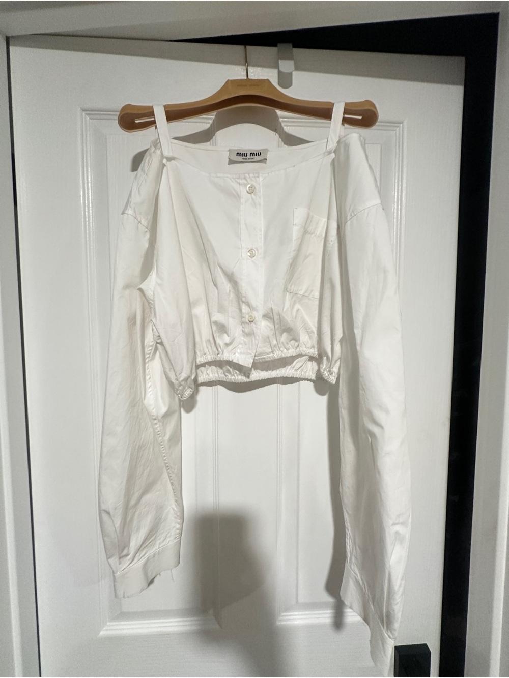 Miu Miu SS23 White Off-Shoulder Button Crop Top with Thin Straps.Size S